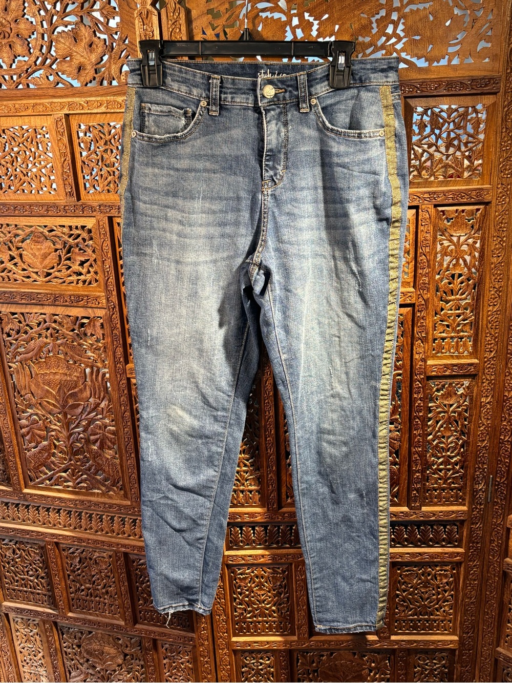 Style & Co. Distressed Blue Skinny Jeans with Gold Side Trim